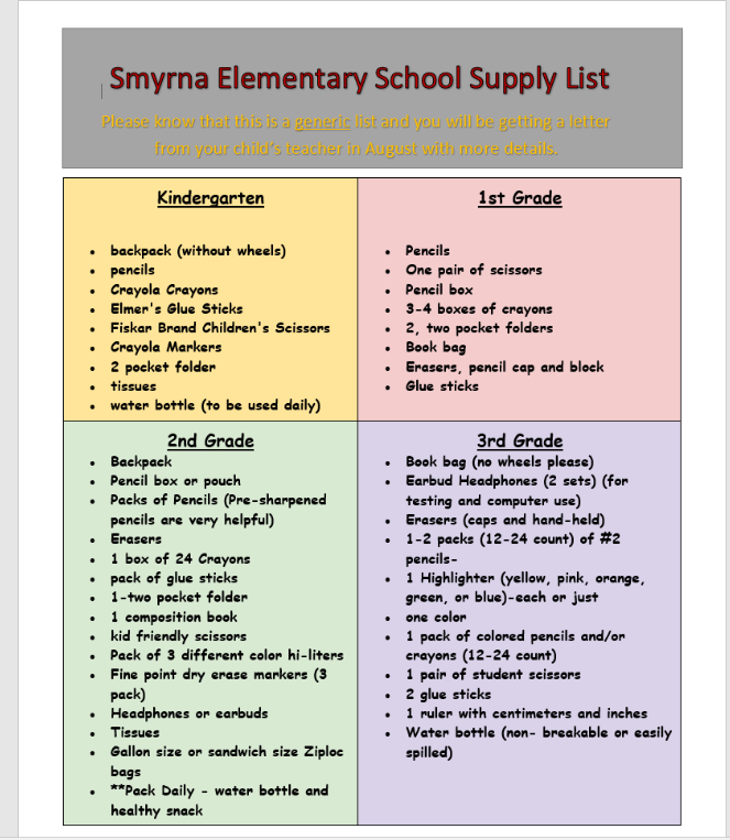  Student Supplies List!